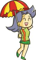 divertente e carino bellissimo ombrello ragazza sorridente felicemente vettore