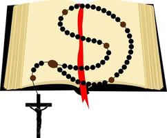 Aperto libro con un' segnalibro. pagine per leggere. rosario preghiera. educativo letteratura. diario. vettore
