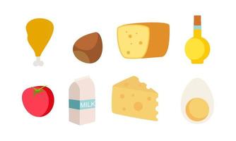 impostato di drogheria salutare cibo illustrazione. pane, Farina, latteria prodotti, oliva olio e burro collezione. latte, formaggio, cagliata, uovo e acida crema vettore