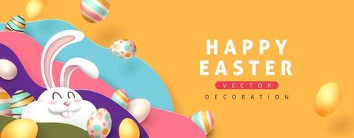 sfondo banner di Pasqua con coniglio carino e uova di Pasqua colorate. vettore