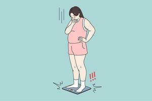 infelice obeso donna In piedi su bilancia scioccato di peso guadagno. irritato stressato Grasso ragazza frustrato di numero su pesare. sovrappeso, obesità concetto. dieta e salutare stile di vita. vettore illustrazione.