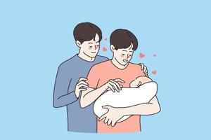 relazioni e diritti di omosessuale partner concetto. contento sorridente amorevole stesso sesso coppia uomini in piedi Tenere neonato bambino adottando bambino per famiglia vettore illustrazione
