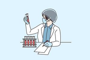 donna scienziato nel medico uniforme e cappello opera con tubi nel laboratorio. femmina ricercatore o specialista sperimentare rendere scoperta sviluppare vaccino nel laboratorio. ricerca e scienza. vettore illustrazione.