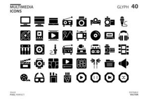 collezione di icone di multimedia in stile glifo. illustrazione vettoriale e tratto modificabile. isolato su sfondo bianco.
