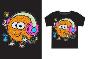 mano disegnato divertente poco mostro con cuffie ascoltando musica illustrazione per bambini t camicia vettore