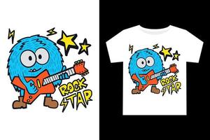 mano disegnato divertente mostro chitarrista cartone animato per bambini t camicia design vettore