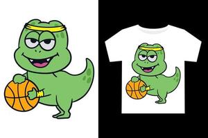 mano disegnato divertente dino pallacanestro giocatore cartone animato illustrazione per bambini t camicia design vettore