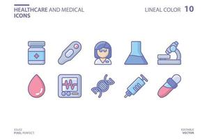 linea sanitaria e medica e set di icone di riempimento vettore