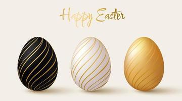 Pasqua uova impostare. Nero, bianca e oro 3d design elementi con oro modello. vettore