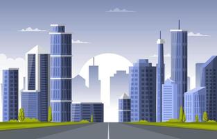 illustrazione di affari dell'orizzonte di paesaggio urbano della costruzione di edifici della città della via vettore