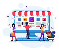 concetto di acquisto online, persone che acquistano prodotti nell'illustrazione vettoriale piatto negozio online