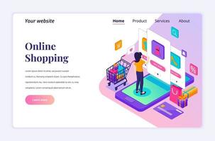 moderno concetto di design piatto isometrico dello shopping online. una giovane donna che acquista prodotti nel negozio di applicazioni mobili per il sito Web e il sito Web per dispositivi mobili. modello di pagina di destinazione. illustrazione vettoriale