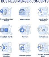 attività commerciale fusione e consolidamento leggero blu concetto icone impostare. aziende integrazione idea magro linea colore illustrazioni. isolato simboli. modificabile ictus vettore