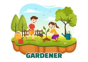 giardiniere illustrazione con bambini, giardino Strumenti, agricoltura, cresce verdure nel botanico estate giardinaggio cartone animato mano disegnato per atterraggio pagina modelli vettore