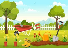 giardiniere illustrazione con giardino Strumenti, agricoltura, cresce verdure nel botanico estate giardinaggio piatto cartone animato mano disegnato per atterraggio pagina modelli vettore