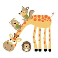 poco animali giocando diapositiva giù su di giraffa collo, vettore cartone animato illustrazione