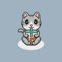 carino gatto potabile bolla tè cartone animato icona illustrazione vettore