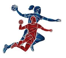 palla a mano sport squadra maschio e femmina Giocatori mescolare azione cartone animato grafico vettore