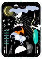 magico foresta con animali a notte di chiaro di luna, vettore illustrazione