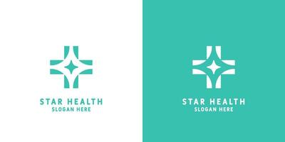 Salute stella logo design illustrazione. silhouette di simbolo combinazione più stella medico attraversare. moderno design adatto per ragnatela e app. vettore