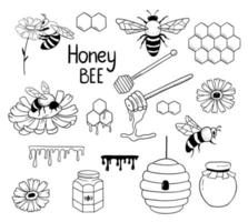 impostato con miele ape, Favo e alveare isolato su bianca. insetto nel mano disegnato schema stile. collezione di vettore monocromatico scarabocchio illustrazione.