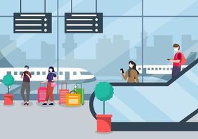 nuovo normale, illustrazione vettoriale persone in maschere in piedi sul terminale interno dell'aeroporto scala mobile, concetto di viaggio d'affari. design piatto.
