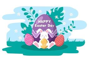felice giorno di pasqua design piatto illustrazione sfondo per poster, invito e biglietto di auguri. concetto di coniglio e uova. vettore