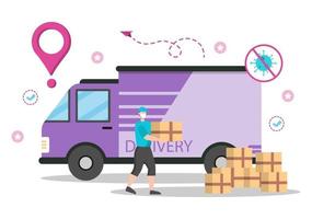 illustrazione piatta della consegna online per il monitoraggio degli ordini, il servizio di corriere, la spedizione delle merci, la logistica della città utilizzando un camion o una moto