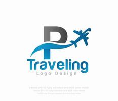 lettera p viaggio logo e aereo logo vettore