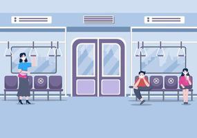 persone che indossano maschere e mantengono le distanze sociali mentre viaggiano in treno per prevenire la malattia di coronavirus, illustrazione vettoriale