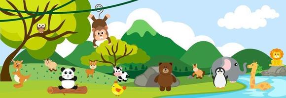 vettore simpatici animali della giungla in stile cartone animato, animali selvatici, disegni di zoo per lo sfondo, vestiti per bambini. personaggi disegnati a mano