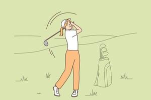 golf club concorrenza torneo striscione. manifesto con donna piegare golf gioco nel moderno piatto stile con natura e montagne sfondo. vettore illustrazione