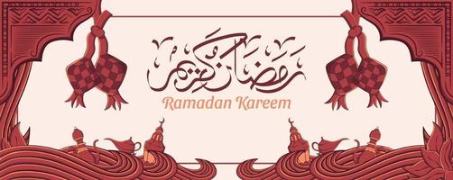 banner di ramadan kareem con ornamento illustrazione islamica disegnata a mano su sfondo bianco. vettore