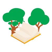 ecologia concetto icona isometrico vettore. Due verde albero e Aperto carta libro icona vettore