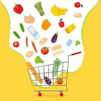 frutta, verdura e altri alimenti volano nel carrello del negozio. shopping, shopping online concetto vettoriale illustrazione in stile cartone animato.