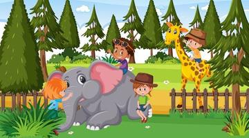 scena dello zoo con molti bambini che giocano con gli animali dello zoo vettore