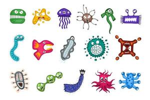 microorganismo virus vettore fumetto batteri germe emoticon set di caratteri. microbo, patogeno, mostro, emozioni dell'organismo isolate su priorità bassa bianca