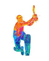 battitore astratto che gioca a cricket da schizzi di acquerelli. illustrazione vettoriale di vernici