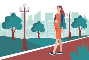 una giovane donna incinta cammina nel parco, cammina per strada. il concetto di attività quotidiane e vita quotidiana. illustrazione vettoriale di cartone animato piatto.