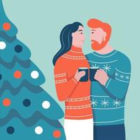 Biglietto natalizio. coppia innamorata che abbraccia sullo sfondo dell'albero di Natale. illustrazione vettoriale piatta. banner, poster, modello.