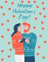 carta di lettere di San Valentino. coppia innamorata che abbraccia. un uomo con la barba rossa e una donna con i capelli scuri ridono e si guardano. illustrazione vettoriale piatta.