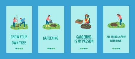 modello di app mobile per lavori in giardino. le persone sono impegnate nel giardinaggio, piantando alberi e piante. illustrazione vettoriale piatta.