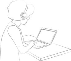 mano disegnato linea disegno illustrazione di un' giovane donna indossare musica cuffie mentre utilizzando un' il computer portatile. in linea Lavorando, in linea studi o opera a partire dal casa simbolo vettore