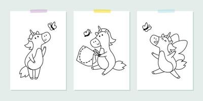 vettore impostato con graziosi unicorni con farfalla in stile infantile. illustrazione vettoriale per libro da colorare. contorno immagine in bianco e nero per i bambini.