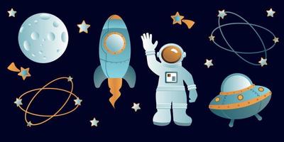 spazio oggetti. astronauta, razzo, pianeti, ufo, satellitare, eccetera vettore