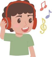 bello carino poco ragazzo ragazzo ascoltando musica con cuffie sentire contento espressione godere passatempo illustrazione vettore