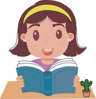 bella carino poco ragazza bambini con contento Sorridi lettura libro illustrazione vettore