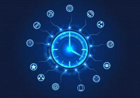 orologio è circondato di un' cerchio di tecnologia e ha inteligente tecnologia per aiuto. piace il concetto di tempo assegnazione entro il organizzazione per opera su obiettivi quando i clienti volere. vettore