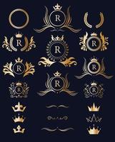 vittoriano reale marca logo design collezione. classico lusso logotipo. elegante logo con corona impostare. vettore