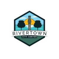 rivertown città centro logo design. paesaggio e Torre moderno logotipo. lago e città logo modello. vettore